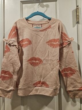 Cheeky Plum Size 6 Kiss Print Ruffle Sleeve Sweatshirt - Peach Pink